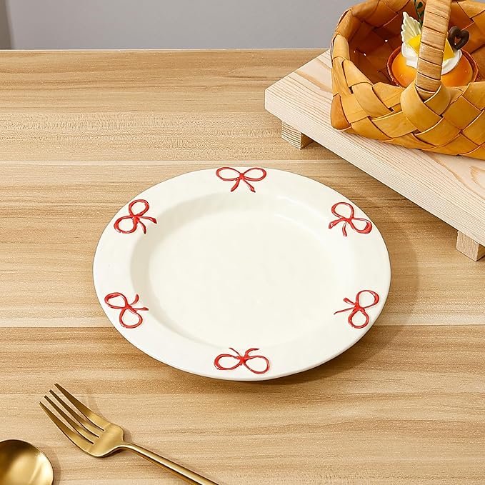 Koythin 8-inch Ceramic Dinner Plates with Bow Design, Microwave Safe - Modern Rustic Serving Dishes for Pasta, Salad, Dessert, Fruits & Appetizers (Red)