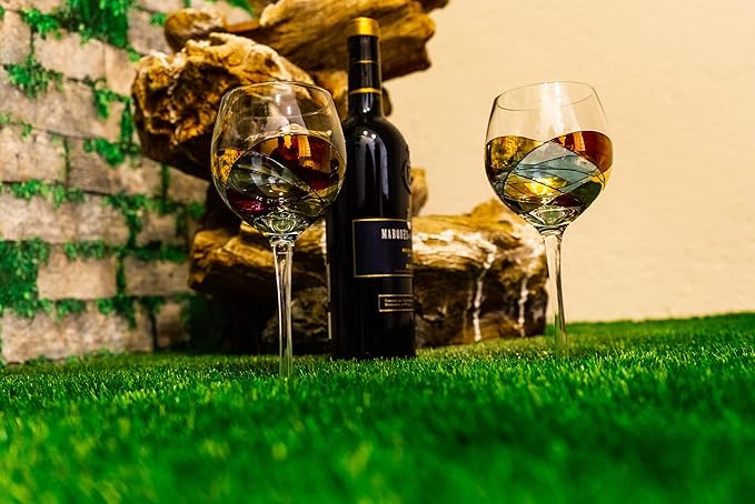 Victoria Barcelona Wine Glasses Hand-Painted Stemmed 14 oz Luxury Gift Women & Men Unique Art Gaudi Inspired by Sagrada Familia Red Murano Stained Glass Christmas Wedding Birthday Anniversary (Set 2)