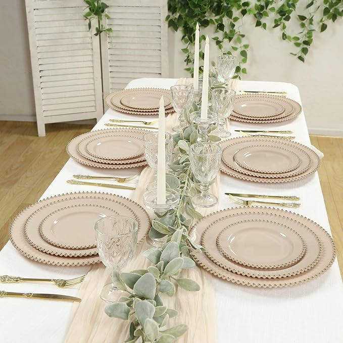 Efavormart 10-Pack Plastic Round Dinner Plates 10" Taupe with Gold Beaded Rim - Disposable Party Plates for Stylish Gatherings & Celebrations