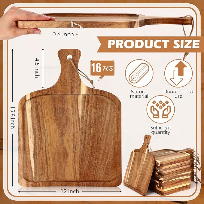 Tanlade 16 Pcs Acacia Wood Cutting Board with Handle Chopping Boards Decorative Charcuterie Platter Pizza Bread Cheese Fruit Serving Tray for Kitchen Counter Table Christmas Decorate (15.8 x 12 Inch)