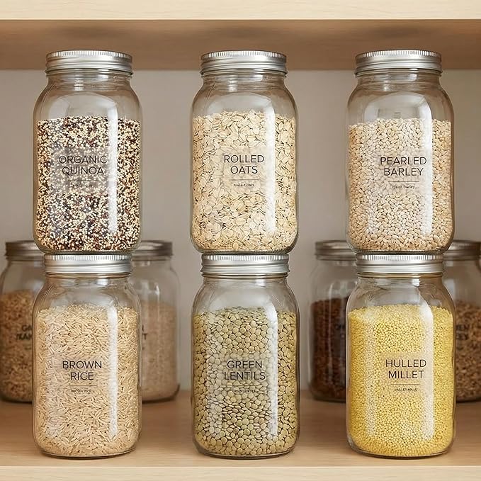 novelinks 32 oz Clear Plastic Jars with Lids, 6 Pack Large Plastic Mason Jars with Lids 32oz, Reusable Quart Containers for Kitchen Organization (6 Pack,Silver)