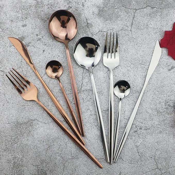 JASHII 32 Pieces Stainless Steel Rose Cutlery Set Home Kitchen Silverware Set, Mirror Polished, Knife/Fork/Spoon, Modern Elegant Silverware Set for Party, Christmas