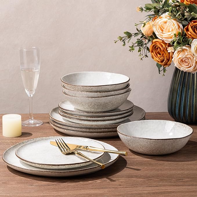 AmorArc Ceramic Dinnerware Sets,Handmade Reactive Glaze Stonewre Plates and Bowls Sets,Highly Chip and Crack Resistant | Dishwasher & Microwave Safe Dishes Set,Service for 4 (12pc)