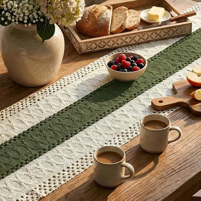 Artoid Mode Army Green Farmhouse Rustic Table Runner, Seasonal Holiday Hollow Kitchen Dining Table Decoration for Home Party Decor 12x72 Inch
