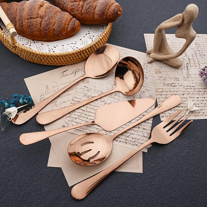 JASHII 25-Piece Fork Spoon Knife Silverware Set with Serving Utensils for 4, Food Grade Stainless Steel Flatware Cutlery Set for Home and Restaurant, Dishwasher Safe - Shiny Rose Gold