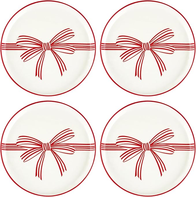 THINGS REMEMBERED Set of 4 Red Bow Appetizer Plates