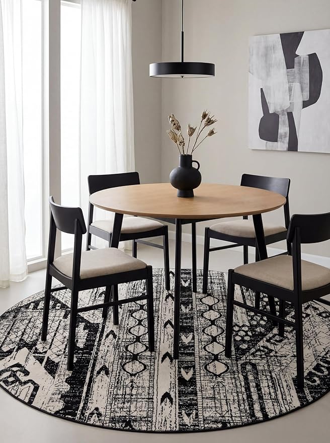 Rugs.com Oregon Collection Rug – 7 Ft Round Black and White Low-Pile Rug Perfect for Kitchens, Dining Rooms