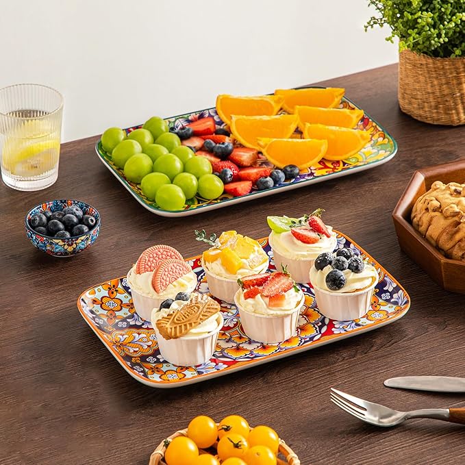 vancasso Serving Platters Set of 4, 12" x 7.4" Inch Rectangular Trays - Large Serving Dishes for Entertaining Food, Bohemian Ceramic Serving Trays for Party, Microwave & Dishwasher Safe, Vintage