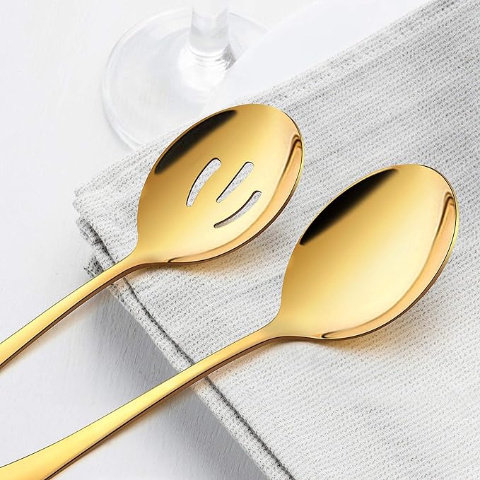 LIANYU 6-Piece Gold Serving Spoons, Stainless Steel Gold Slotted Spoons, Serving Utensils for Party Buffet Restaurant Banquet Dinner Catering, 8 3/4 Inch, Dishwasher Safe