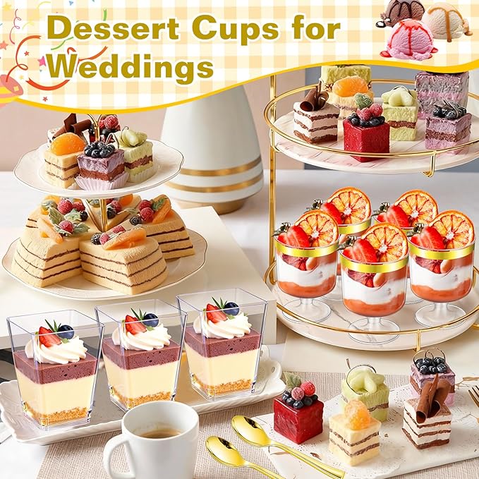 mwellewm 300Packs Dessert Cups with Spoons, 5 OZ Mini Clear Plastic Parfait Cup for Party, Square Desert Shot Glasse Round Goblet with Gold Rim Small Reusable Fruit Ice Cream Pudding Appetizer Cup