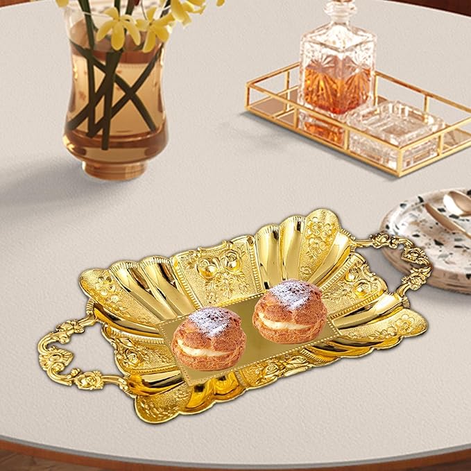 Metal Serving Tray with Handles 11.02x5.51x2.05inch European Style Mirror Fruit Plate for Candy Cupcake Dessert Bar Countertop Table Centerpiece Decor- Gold