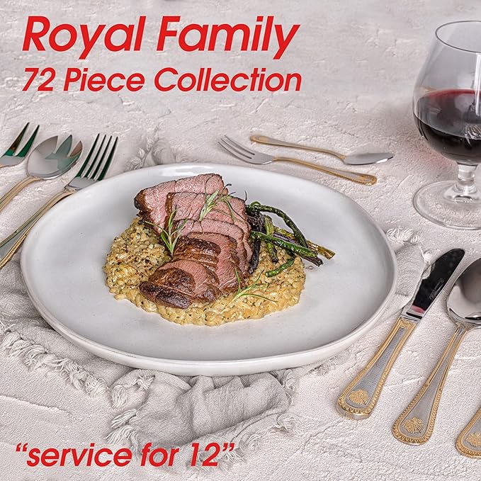 Royal Family Collection 72 Piece Fine Flatware Silverware Set with Gift Carrying Case, Elegant Design, Serves Parties 12 people, Perfect Housewarming Graduation for Loved Ones, Gold