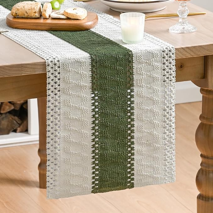 Artoid Mode Army Green Farmhouse Rustic Table Runner, Seasonal Holiday Hollow Kitchen Dining Table Decoration for Home Party Decor 12x72 Inch