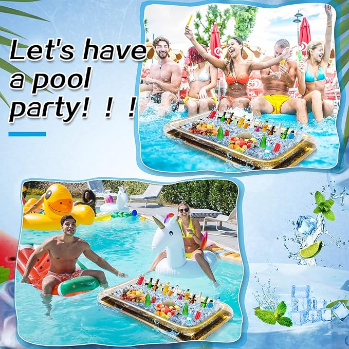 3 Pcs Inflatable Serving Bar Salad Ice Tray Food Drink Candy Buffet Containers Picnic Pool Inflatable Cooler with a Drain Plug and a Hand Pump, 53 x 23.6 x 4.7 Inch(Black)