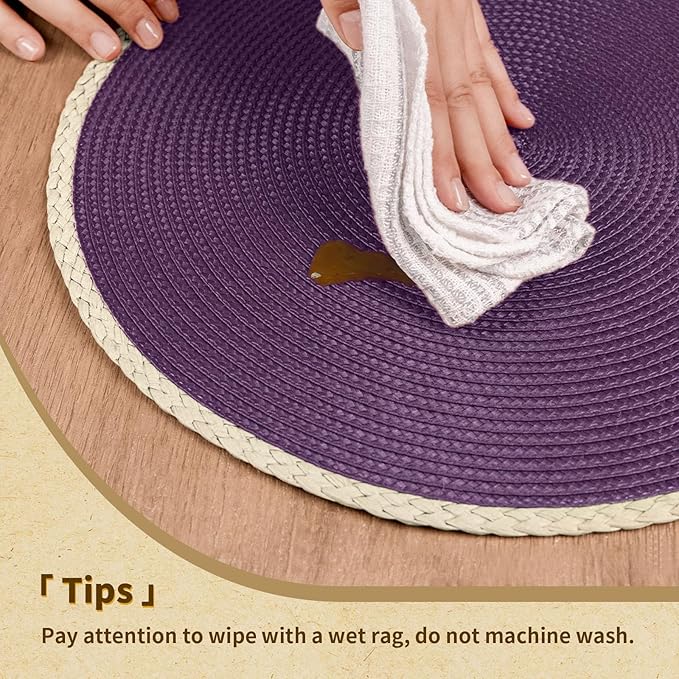 Noctiflorous Round Placemats Set of 4, 15 Inch Braided Hand Woven Table Mats, Heat Resistant Non-Slip Wipeable Thin Edge Place Mats for Kitchen Dining Indoor Outdoor Use(Purple, 4)