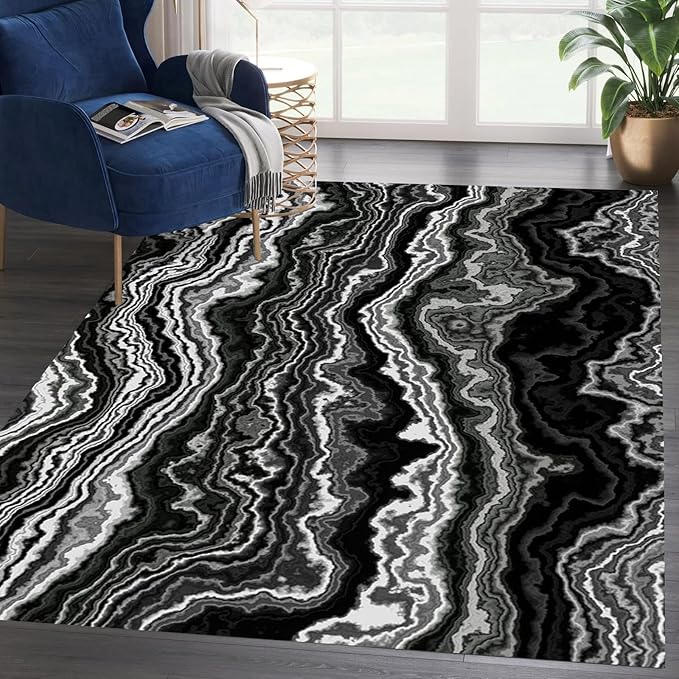 Abstract Marble Collection Area Rug 2x3 Black Brown Modern Luxury Texture Rugs for Living Room Bedroom Washable Faux Wool Carpet No-Shedding Home Decor Throw Mat