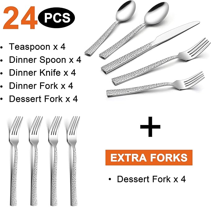 LIANYU 24-Piece Hammered Silverware Set with Extra Salad Forks, Stainless Steel Square Flatware Cutlery Set for 4, Fancy Eating Utensils Tableware, Dishwasher Safe