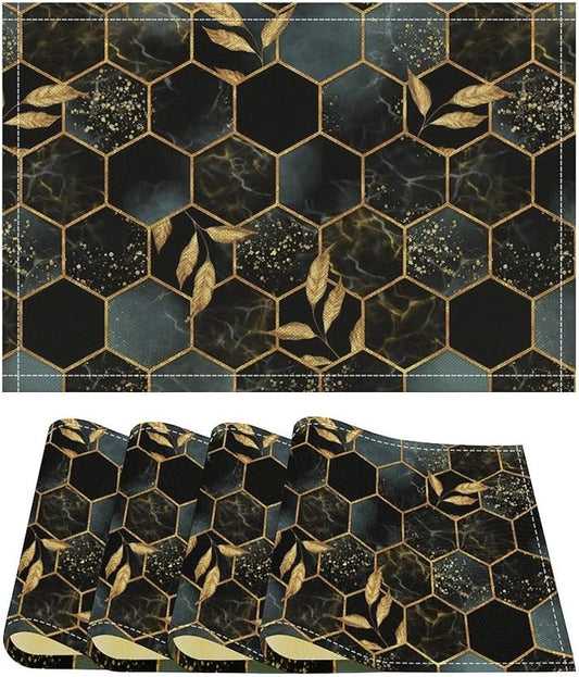Honeycomb Marble Black Gold Modern Geometric Placemats Set of 4, Abstract Hexagon Aesthetics Print Placemats Table Mat for Home Dining Table Kitchen Party Decor 12x18in 4 PCS