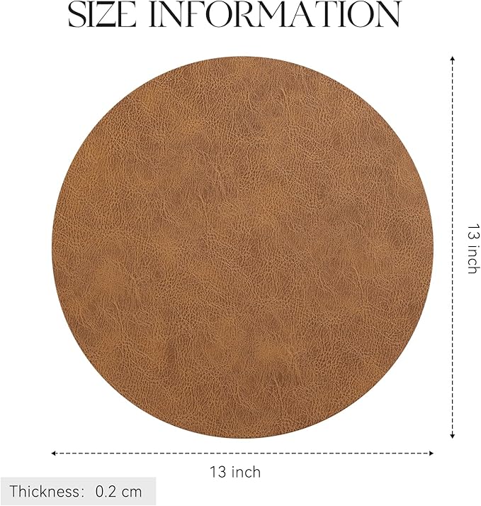 MOSAYT 13 Inch Round Vinyl Placemats Set of 4 - Faux Leather 100% Waterproof Oil-Proof Wipeable PU Place Mats, Heat Resistant Reversible Table Mats for Kitchen, Dining, Outdoor (Reddish Brown)