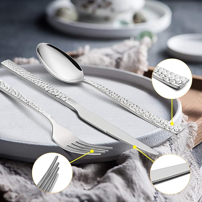 45-Piece Silverware Set with Serving Pieces, E-far Stainless Steel Hammered Flatware Eating Utensils Service for 8, Modern Tableware Cutlery Set with Square Edge, Mirror Polished, Dishwasher Safe