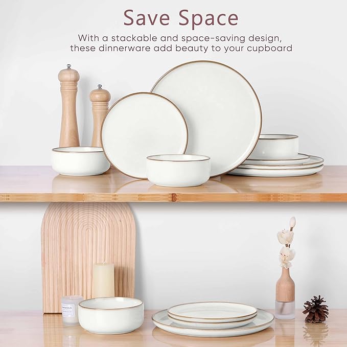 Herogo 6 Pieces Stoneware Dinnerware Dishes Sets for 2, Kitchen Handmade Dining Plates and Bowls Sets, Double Reactive Glaze, Microwave & Dishwasher Safe, Scratch Resistant, Ivory White