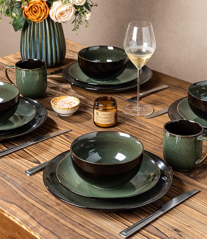 LERATIO Ceramic Dinner Plates Set of 6, 8.0 Inch Handmade Reactive Glaze Porcelain Plates, Coupe Shape Dinnerware Dishes Set for Kitchen,Oven& Microwave & Dishwasher Safe, Scratch Resistant-Green