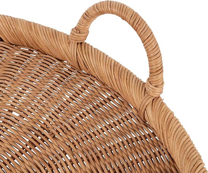 Kate and Laurel Cormont Modern Round Woven Rattan Tray with Handles; 23 Inch Diameter; Natural Rattan; Decorative Circle Boho Tray for Use as Versatile Ottoman Tray or Serving Platter