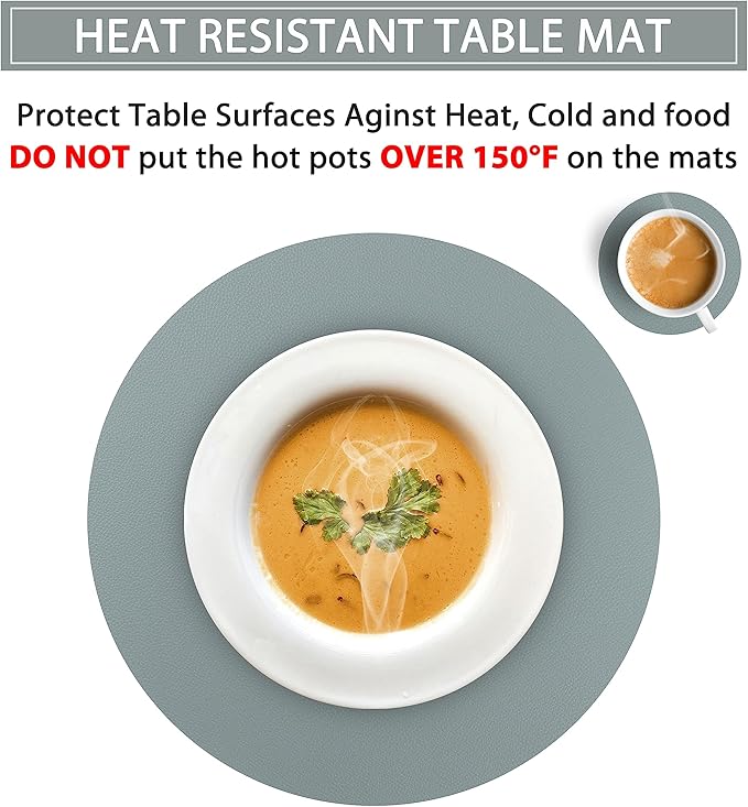 Wipeable Placemats and Coasters Leather Table Mats Waterproof Heat-Resistant Easy to Clean for Dining Table Set Kitchen Table Set of 4, Pale Blue