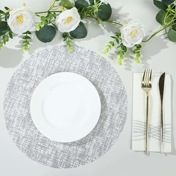 20 Pack 13" Silver Glitter Mesh Placemats - Round Disposable Durable Perfect for Parties and Events