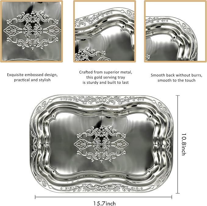 4-Pack Large Oval Silver Serving Trays - 15.7"x11.8" Mirror Platter Set for Party, Wedding, Birthday, Christmas, Appetizers, Desserts, Food Display, Kitchen Table, Buffet
