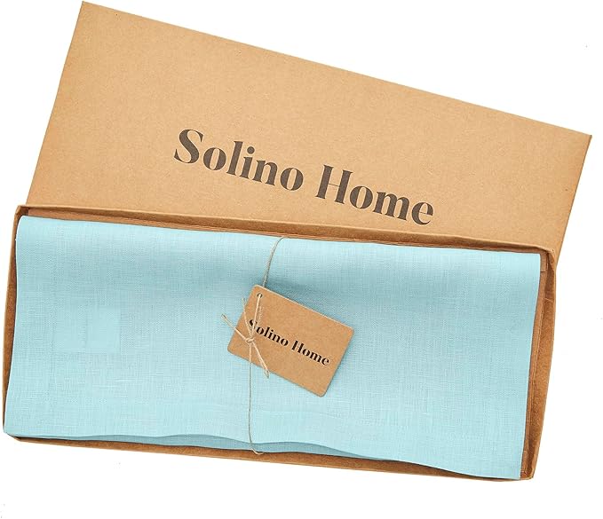Solino Home Linen Aqua Blue Table Runner 108 Inches Long - 100% Pure Linen 14 x 108 Inch Table Runner for Dining, New Year - Fete