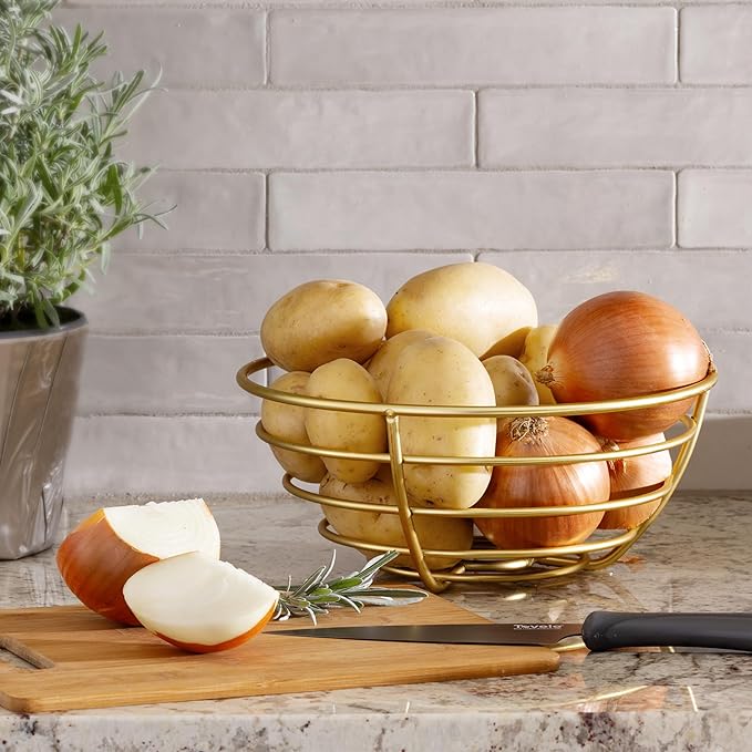 Spectrum Euro Gold Wire Fruit Basket for Kitchen Countertop Storage, Sturdy Steel Metal Wire Decorative Fruit Bowl for Fresh Produce Vegetables Bread & Snacks Modern Open Design for Airflow