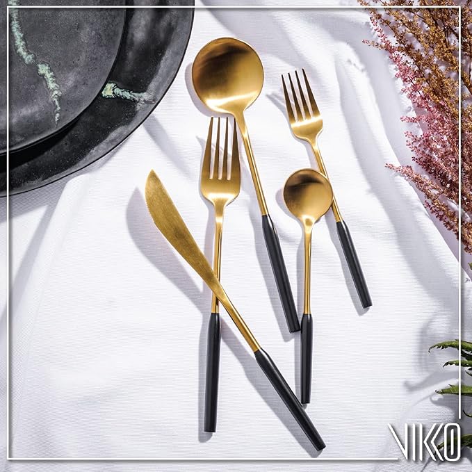 Vikko Dine Modern Silverware Set: Unique Brushed Black and Gold Set - Satin Matte - 18/10 stainless steel flatware For Upscale Dining and Entertaining- 20 Piece Cutlery Set - Service for Four (4)
