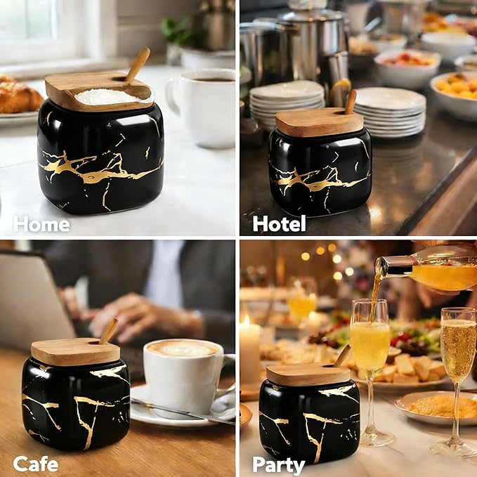 3 Pcs Porcelain Condiment Jar Pot Spice Container Ceramic Seasoning Jar with Lid Spoon and Tray Great for Home Kitchen Counter, Black