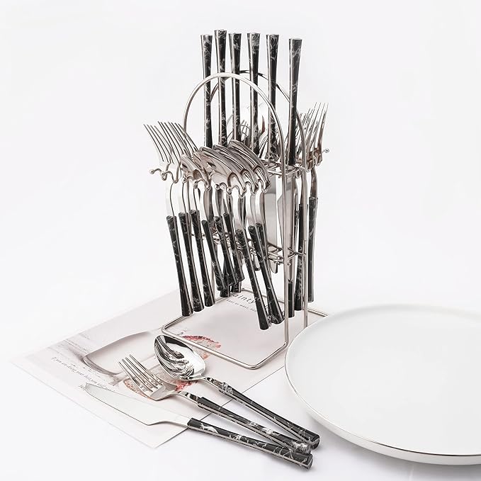 Stainless Steel Silverware Set with Holder - 25 PCS Silver Flatware Cutlery Set - Black Marble Texture Handle Design - Hanging Metal Eating Utensils Set Service for 6 - Party Tableware Set