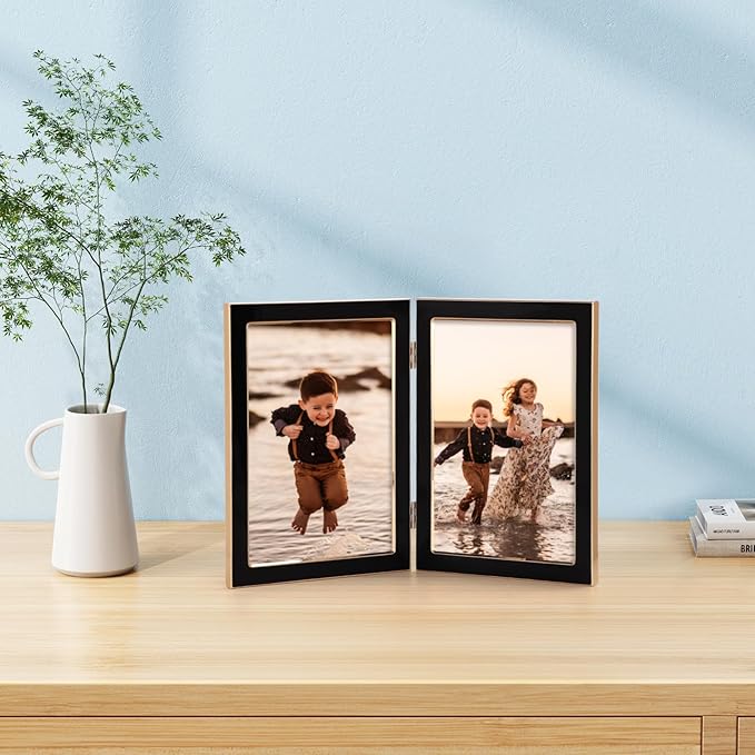 Giftgarden 5x7 Double Picture Frame Black with Tempered Glass Display 5 by 7 Photo, Metal Hinged Folding Frame for Tabletop or Wall