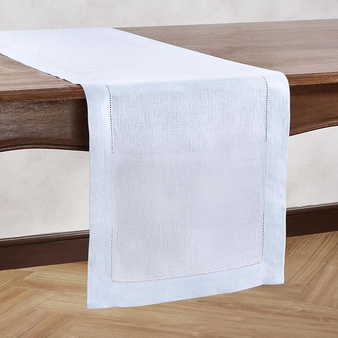 Home Ekaa Light Blue 100% Pure Linen Table Runner 72 inches – Hemstitch Coffee Table Runner 14x72 Inch Ideal for Dresser and Coffee Tables – Fall, Christmas, Winter, Holiday & New Year- Elara