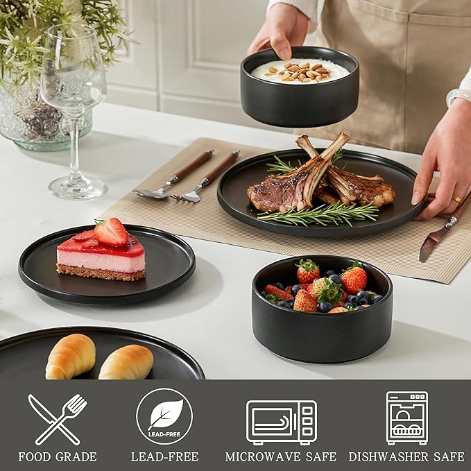 24 Piece Ceramic Dinnerware Set for 8, Modern Minimalist Stoneware Dinner Plates and Bowls, Microwave Safe, Dishwasher Safe, Versatile for All Seasons, Matte Black