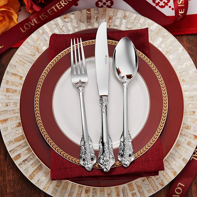 KEAWELL Luxury 65-Piece Silverware Set, 18/10 Stainless Steel, Service for 12, Mirror Finish, Antique Baroque Design, Dishwasher Safe (Silver)
