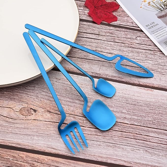 JASHII Hanging Cup Silverware Set, Satin Finish 28-Piece 304 Stainless Steel Flatware set, Tableware Cutlery Set Service for 4, Utensils for Kitchens, Dishwasher Safe - Matte Blue
