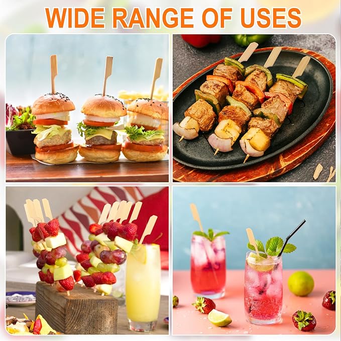 Bamboo Skewers for Appetizers, [10 Inch, 200PCS] Long Cocktail Picks Fancy Toothpicks for Appetizers, Flat Paddle Wooden Skewers Food Sticks for Party Drinks Fruit Charcuterie
