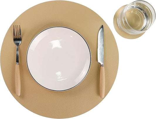 Wipeable Placemats and Coasters Leather Table Mats Waterproof Heat-Resistant Easy to Clean for Dining Table Set Kitchen Table Set of 4, Buff