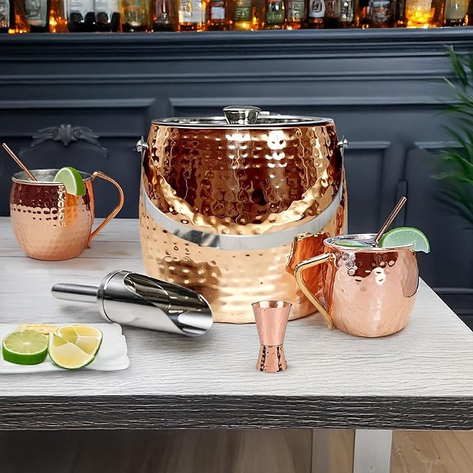 BREKX Rose Copper Beverage Tub and Ice Bucket with Lid and Scoop Party Combo Pack, Stainless Steel Double-Walled Insulated Barware Set