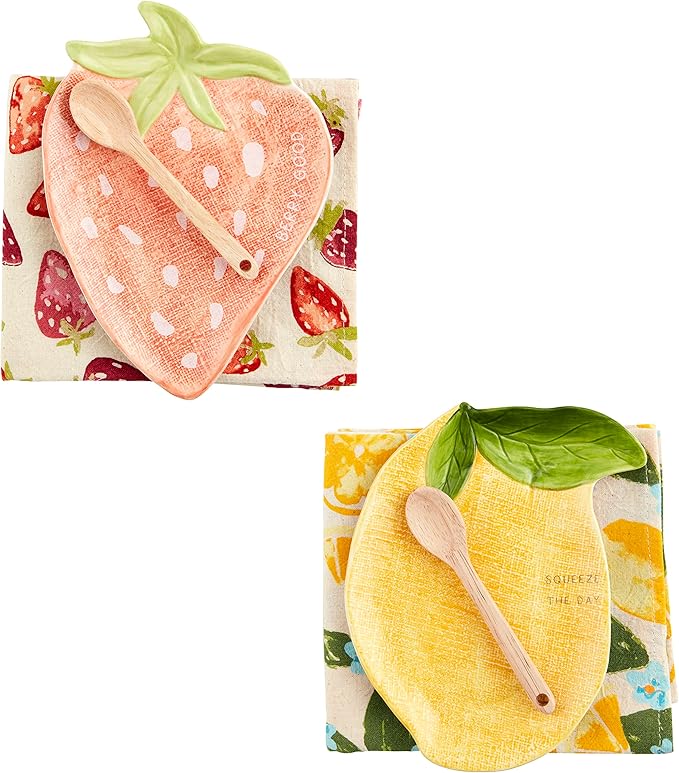 Mud Pie Strawberry Appetizer Set; Plate Approx 7" X 5 1/2" | Spoon 5 1/2" | Towel 26" X 16 1/2"