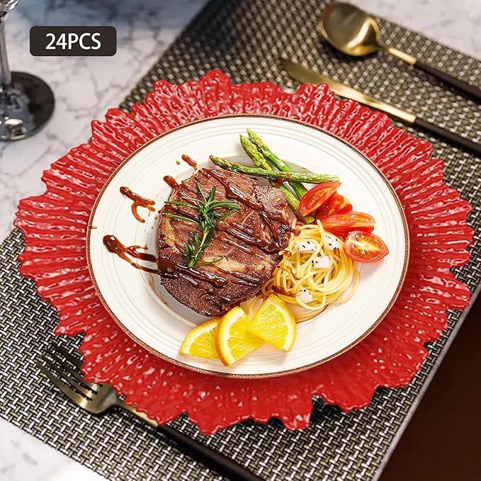 24 PCS Charger Plates Bulk, 13 Inch Floral Reef Plastic Charger Dinner Plates Round Service Plates Decorative Chargers Bulk for Table Setting Wedding Party Event(Red)