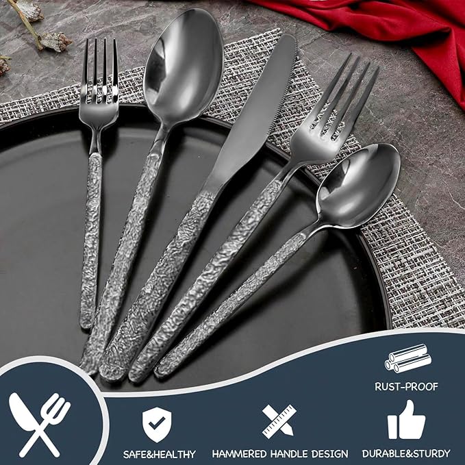 20-Piece Black Silverware Set, Hammered 18/10 Stainless Steel Flatware Set for 4, Food-Grade Cutlery Set, Tableware Set Including Fork Knife Spoon Set,Dishwasher Safe