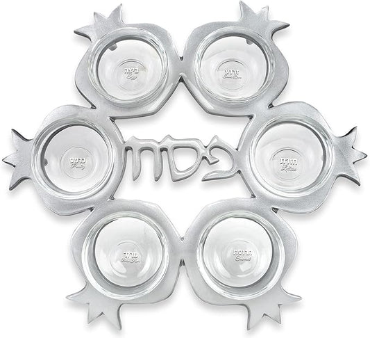 Zion Judaica Artistic Passover Seder Plate Silver Pomegranates Carved Pesach Seder Tray Shiny Aluminum with 6 Glass Liners for Symbolic Sader Foods Marked in Hebrew and English Traditional Sayder Dish