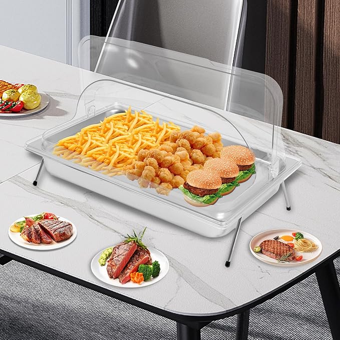 Silver Countertop Food Serving Display Container, 0.79Gal Stainless Steel Catering Supplies Buffet Display, Salad Fruit Trays Restaurant Containers with Lids (1Pan-with 4 Non-slip Feet)