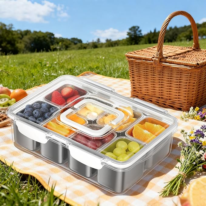 Snackle Box Container, 304 Stainless Steel Divided Serving Tray with Lid and Handle, Portable 8 Compartments Veggie Tray for Fruits,Veggies,Nuts &Candy, Dishwasher Safe for Travel,Picnic,Beach&Parties