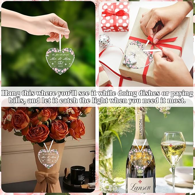 2025 Mr and Mrs Glass Ornament - Wedding Gifts for Couples, Bridal Shower Gifts, Keepsake for Newlyweds with Gift Box, Heart Shaped Just Married Decorations (Pink)